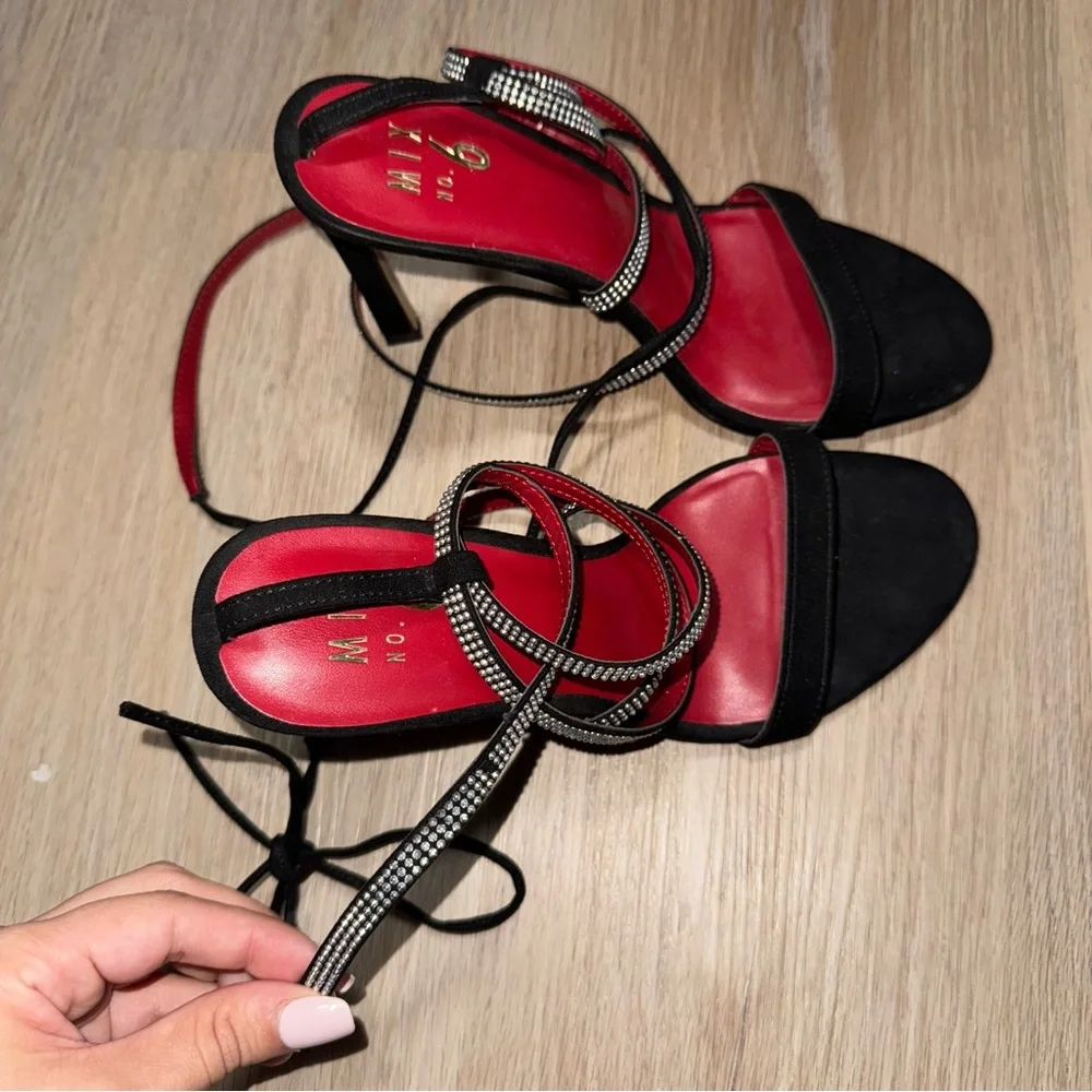 Mix No. 6 Black & Red Strappy Heels with Rhinestones - Size 8